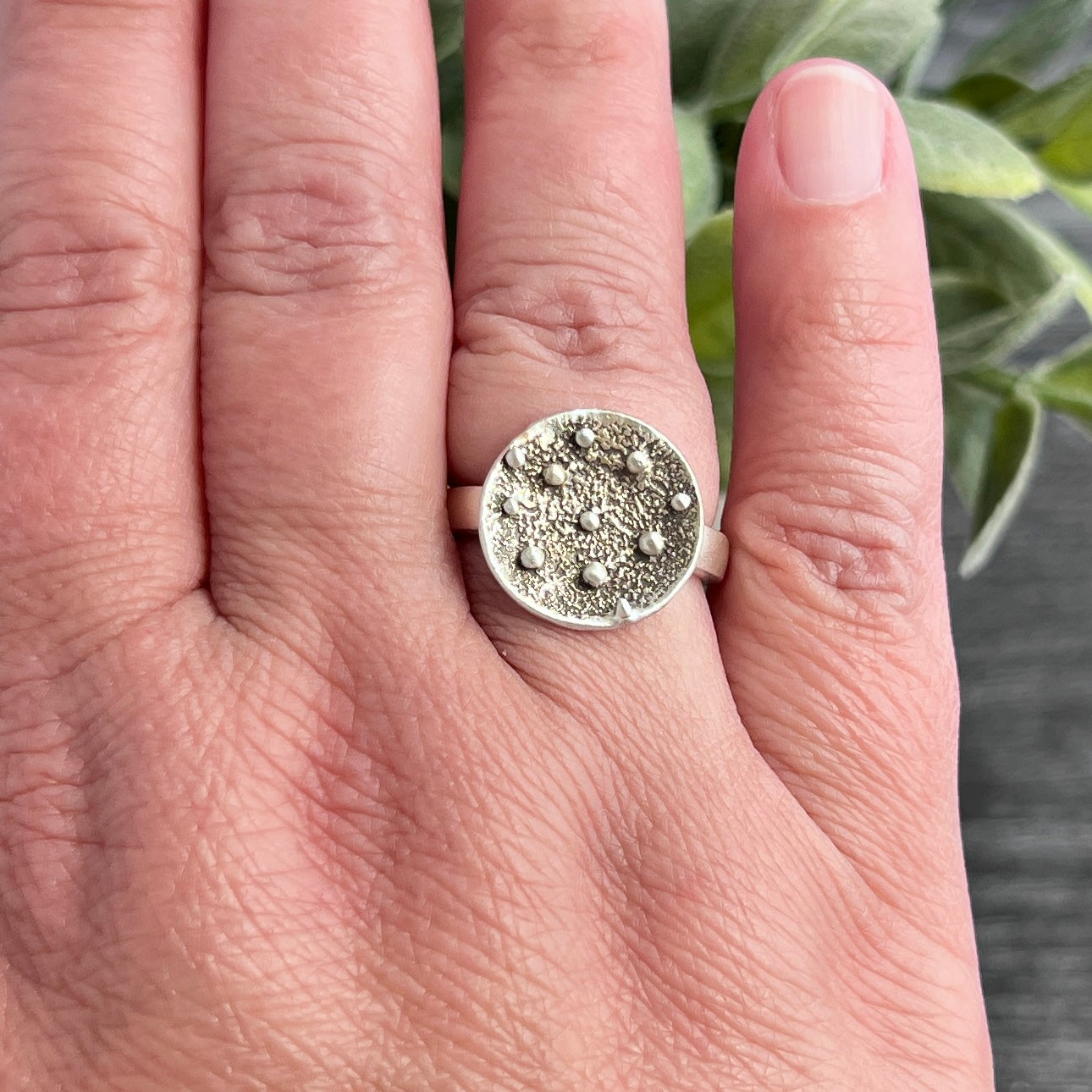 Sterling Silver Ring with Concave Textured Round Top