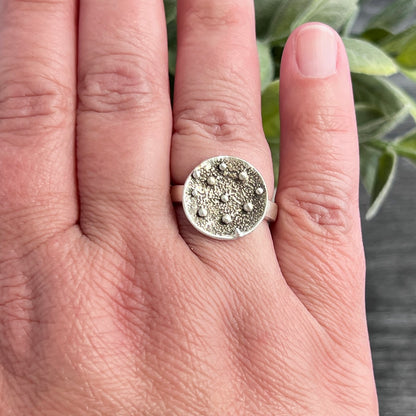 Sterling Silver Ring with Concave Textured Round Top