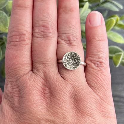 Sterling Silver Ring with Small Concave Textured Round Top