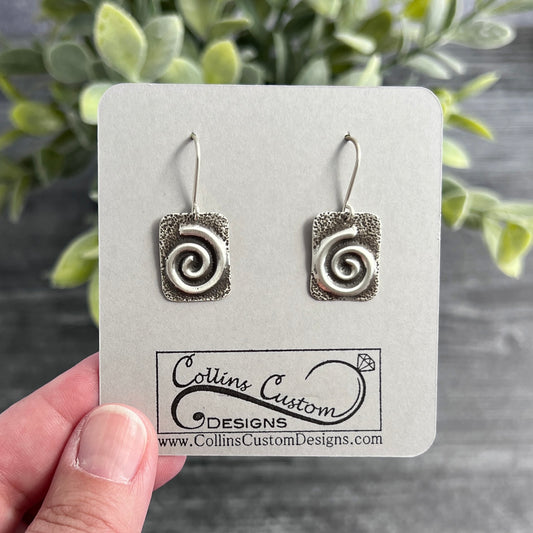 Sterling Silver Textured Rectangle Earrings with Puffy Spirals