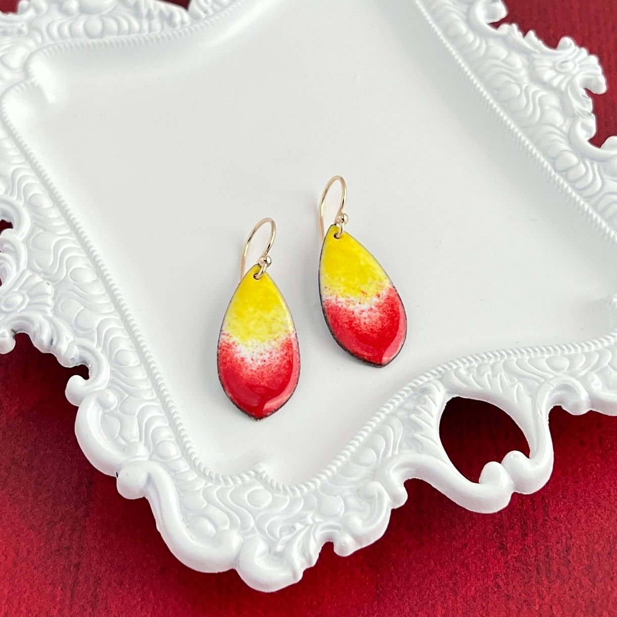Red and Yellow Enamel Drop Earrings