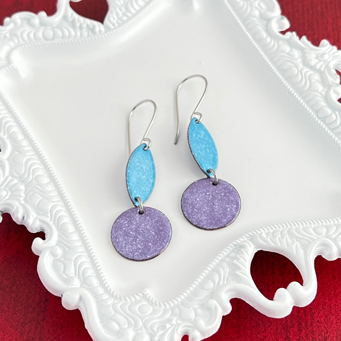 Double Drop Enamel Earrings- Turquoise and Purple