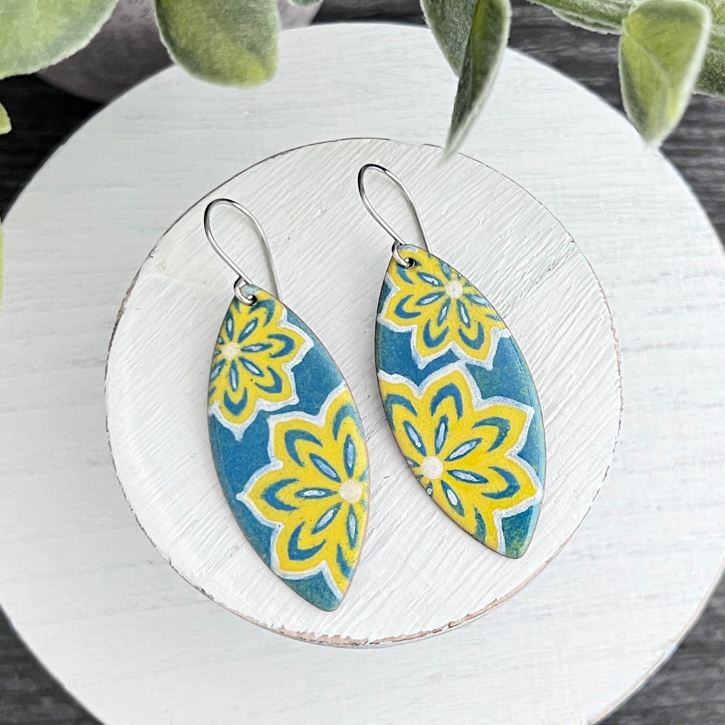 Large Marquise Enamel Earrings with Mandala Flowers