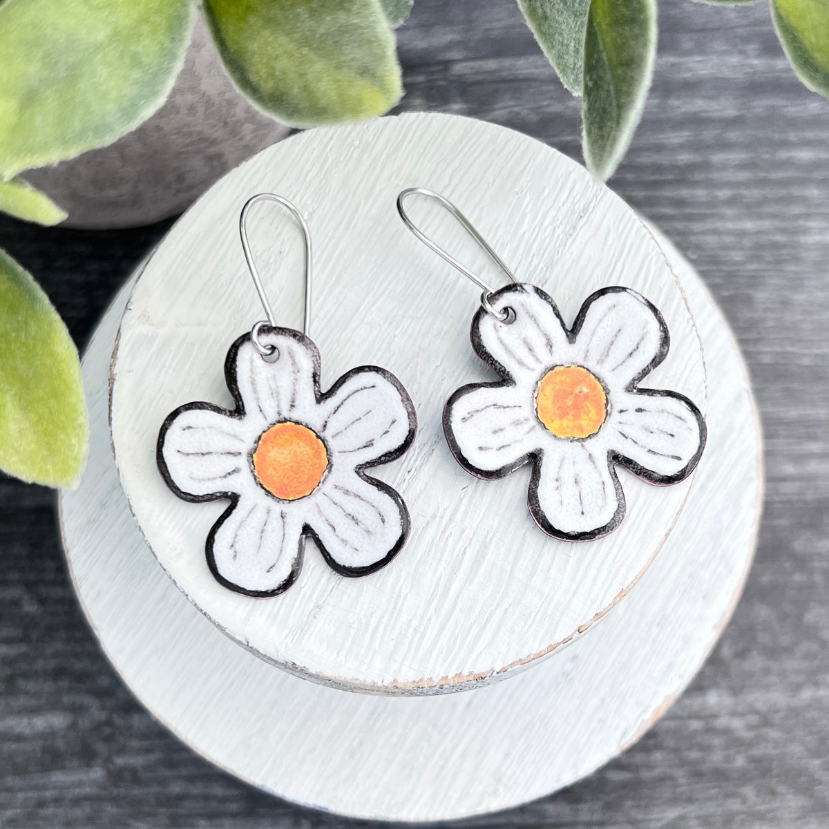 Rounded Five Petal Enamel Flower Earrings