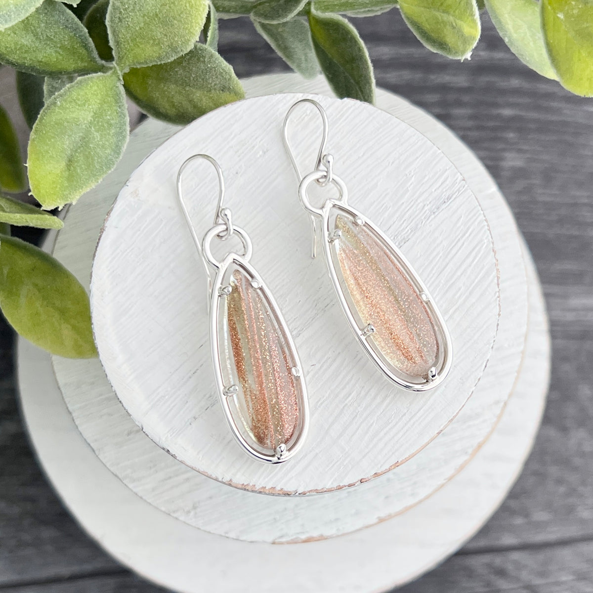 Sterling Silver Framed Shimmery Glass Cabochon Earrings