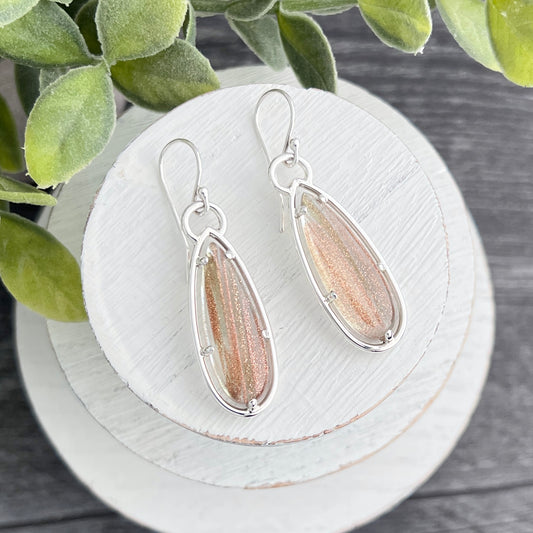 Sterling Silver Framed Shimmery Glass Cabochon Earrings