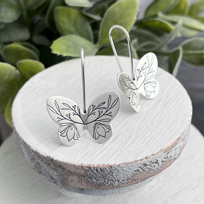 Sterling Silver Hand Stamped Butterfly Earrings