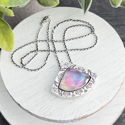 Hand Stamped Sterling Silver Aurora Opal Slide Necklace