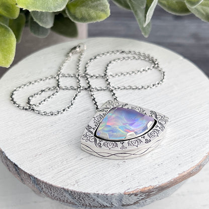 Hand Stamped Sterling Silver Aurora Opal Slide Necklace