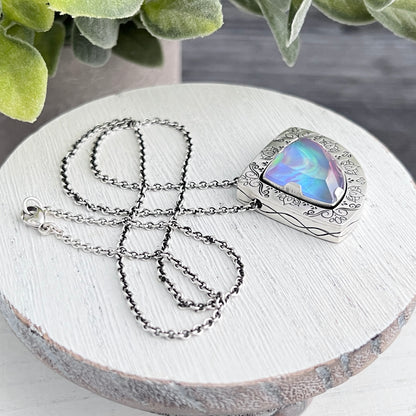 Hand Stamped Sterling Silver Aurora Opal Slide Necklace