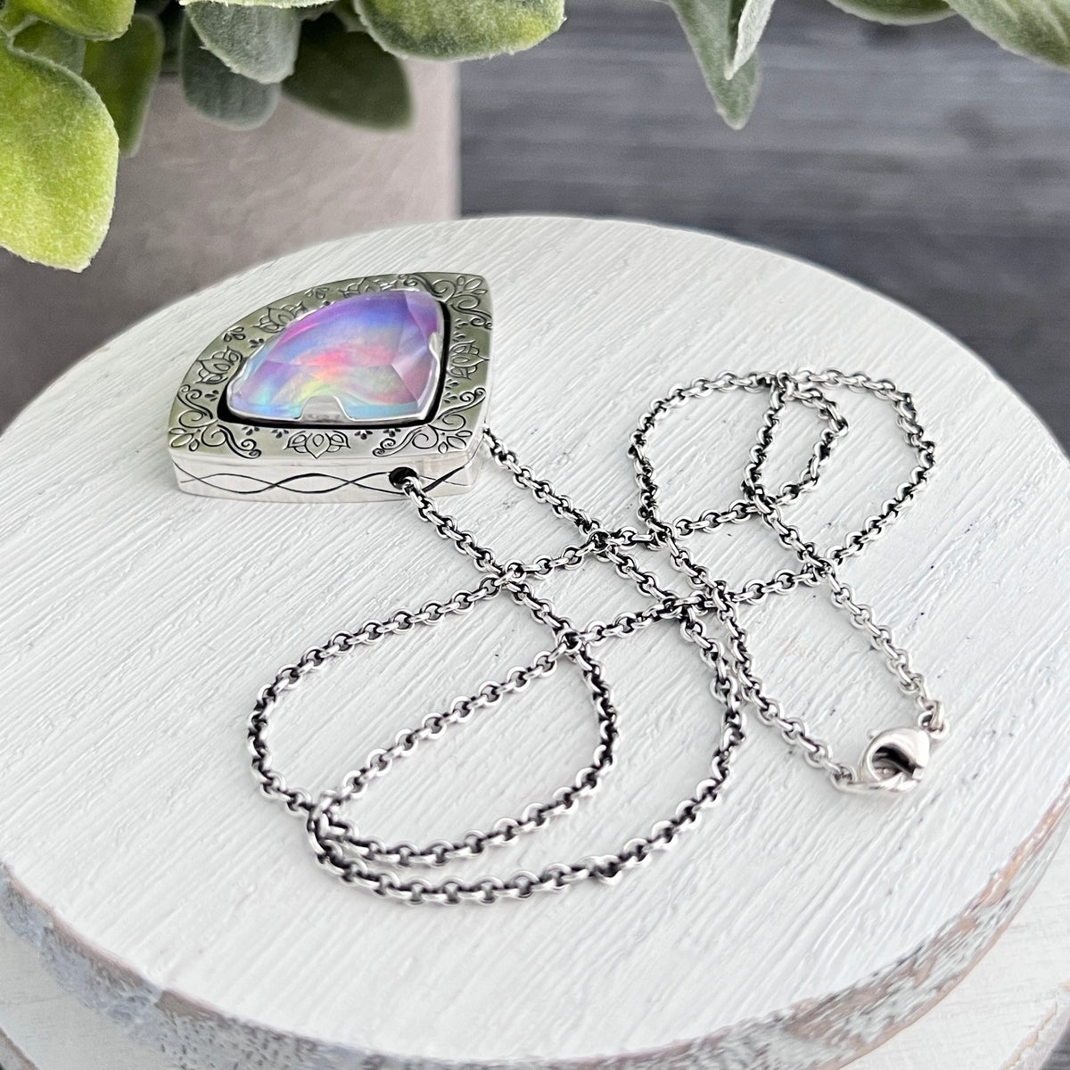 Hand Stamped Sterling Silver Aurora Opal Slide Necklace