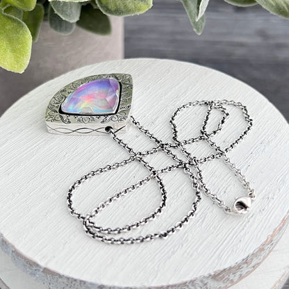 Hand Stamped Sterling Silver Aurora Opal Slide Necklace
