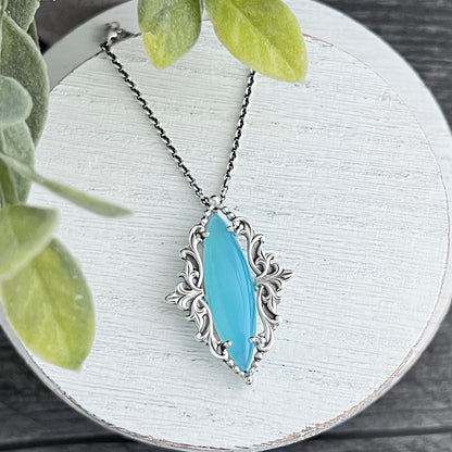 Blue Chalcedony Marquise Necklace with Decorative Frame