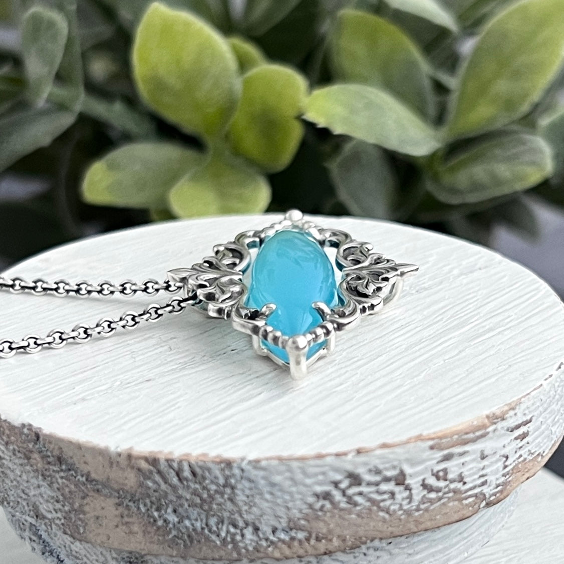 Blue Chalcedony Marquise Necklace with Decorative Frame