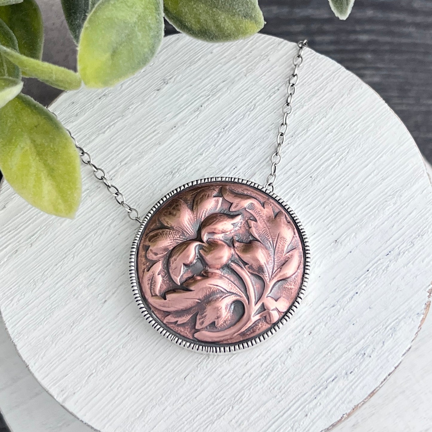 Large Round Copper Flower Necklace with a Silver Frame
