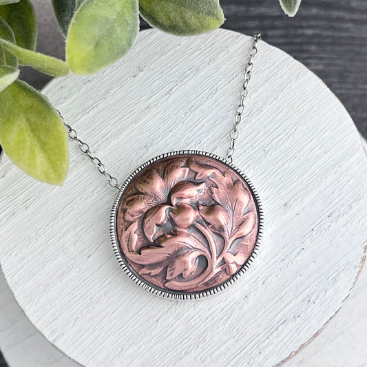 Large Round Copper Flower Necklace with a Silver Frame