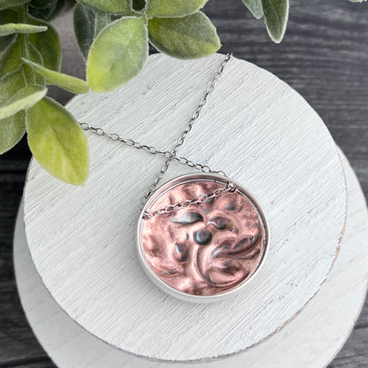 Large Round Copper Flower Necklace with a Silver Frame