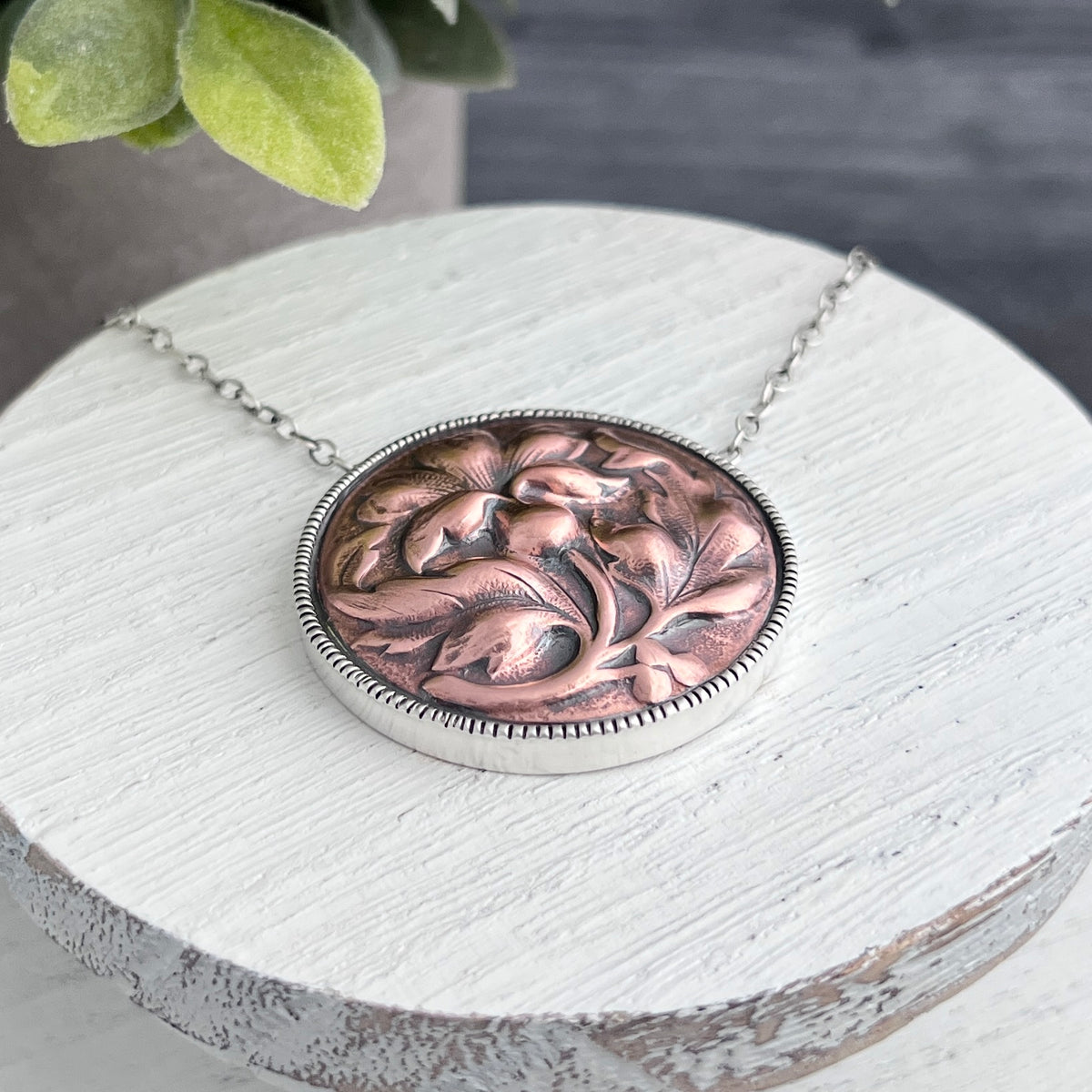Large Round Copper Flower Necklace with a Silver Frame
