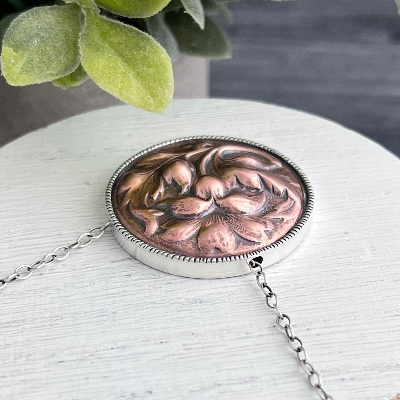 Large Round Copper Flower Necklace with a Silver Frame