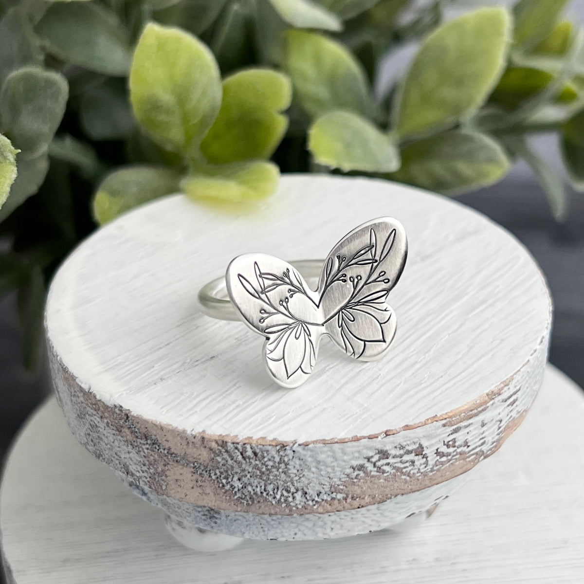 Sterling Silver Hand Stamped Butterfly Ring