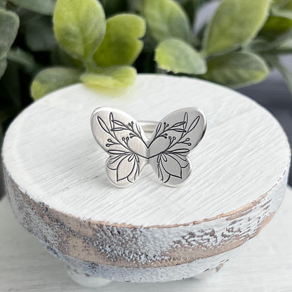 Sterling Silver Hand Stamped Butterfly Ring