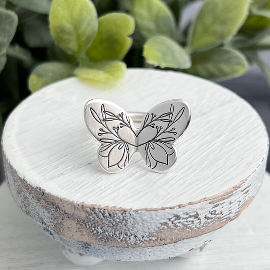 Sterling Silver Hand Stamped Butterfly Ring