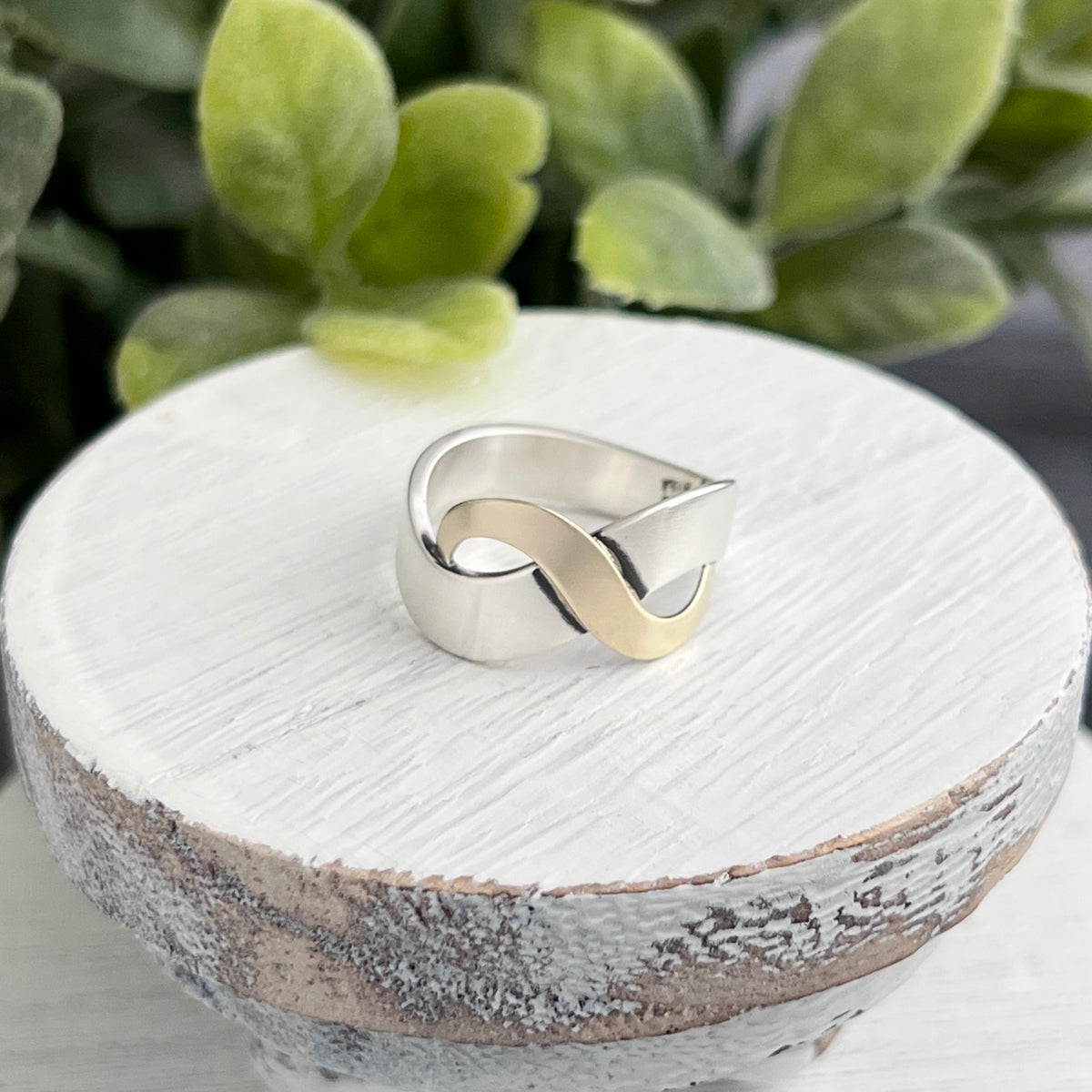Sterling Silver Curved Ring with Overlapping Gold Wave