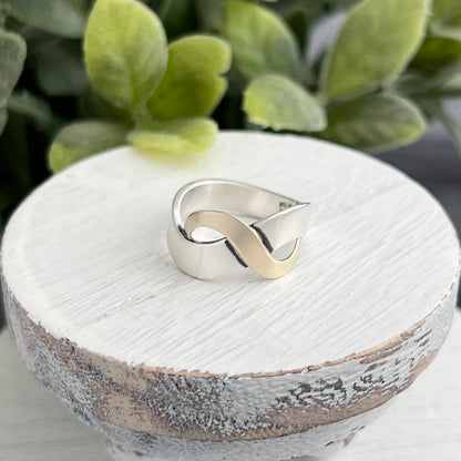 Sterling Silver Curved Ring with Overlapping Gold Wave