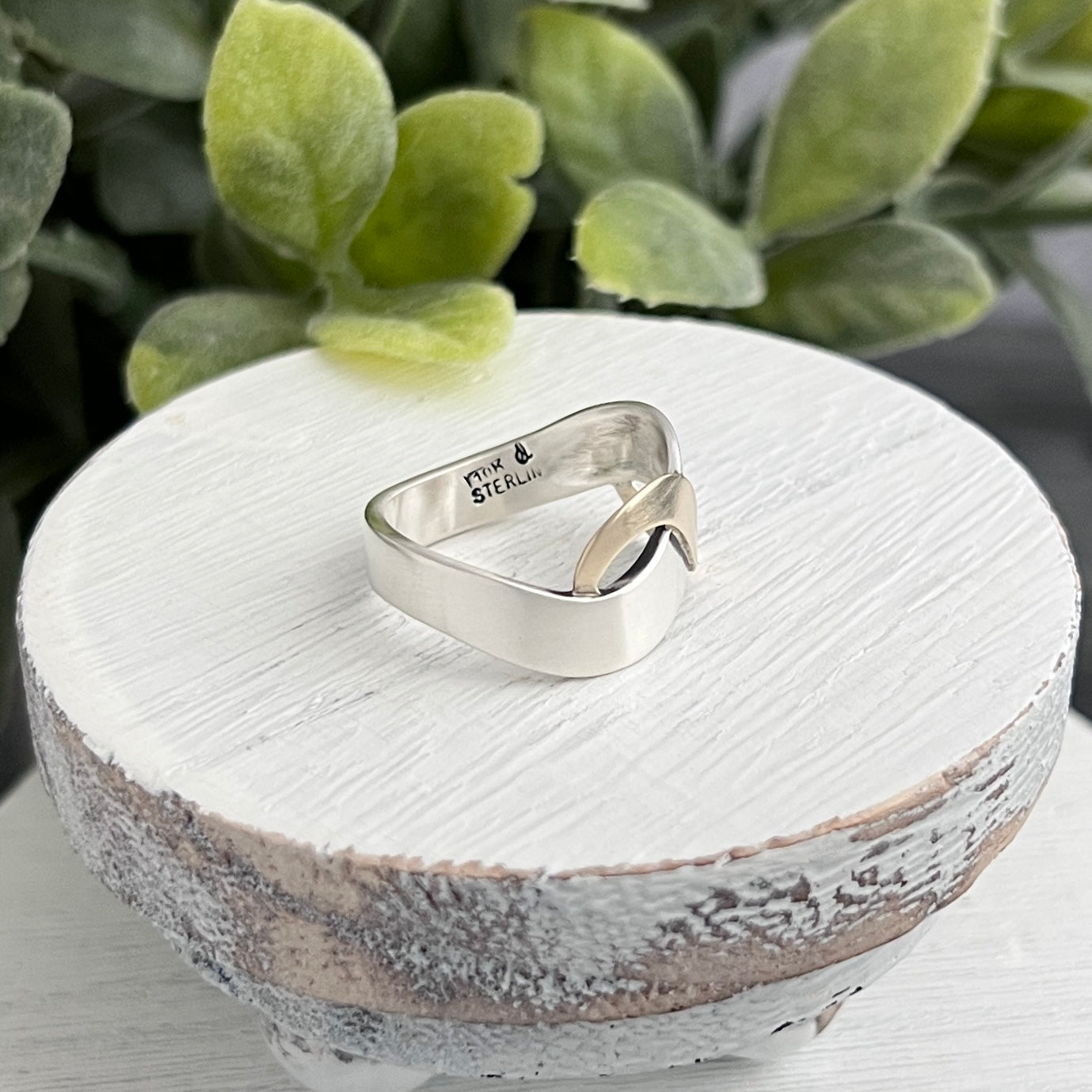 Sterling Silver Curved Ring with Overlapping Gold Wave