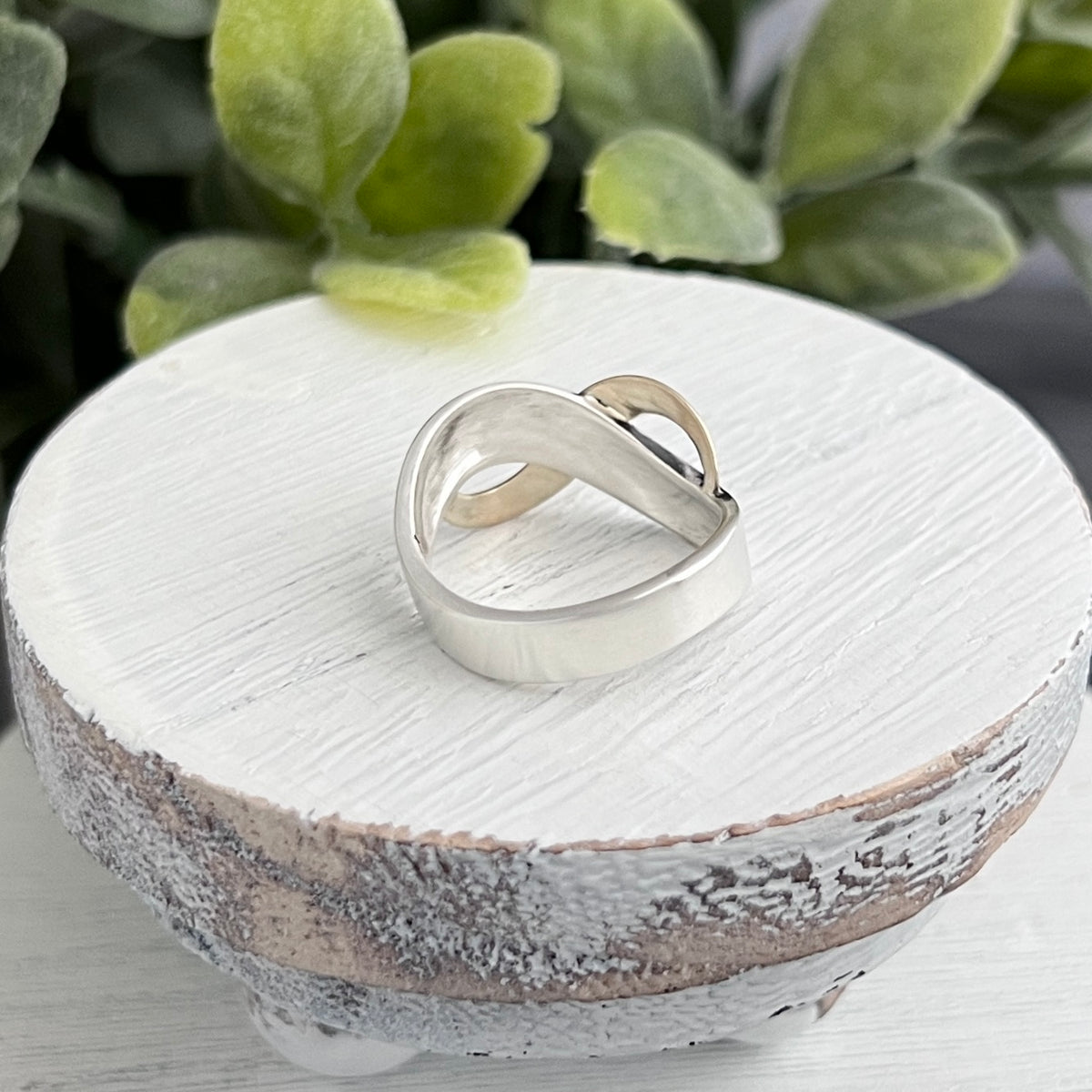 Sterling Silver Curved Ring with Overlapping Gold Wave