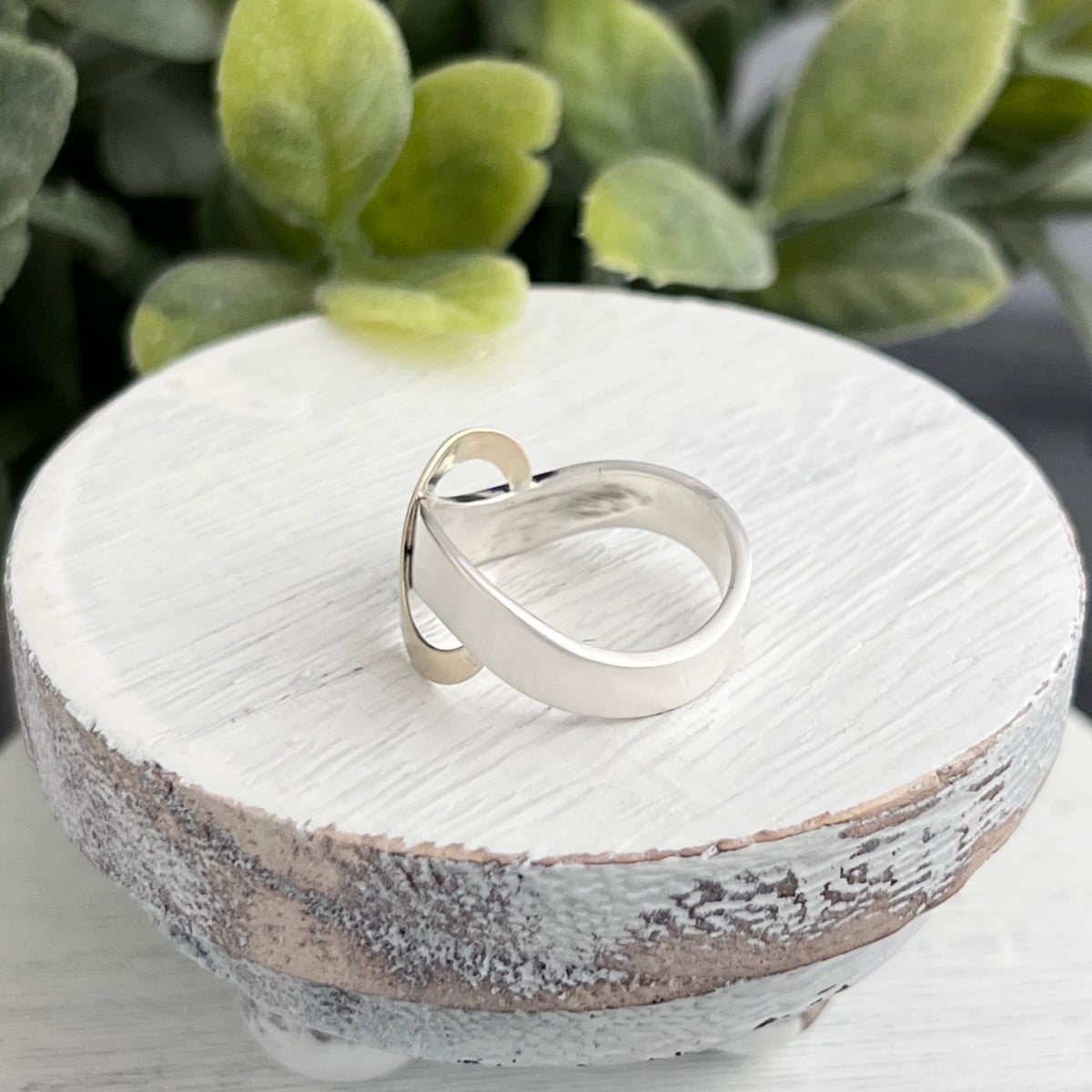 Sterling Silver Curved Ring with Overlapping Gold Wave