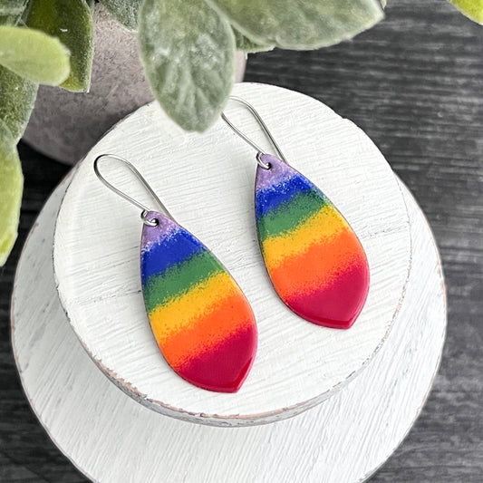 Pointed Teardrop Rainbow Striped Enamel Earrings