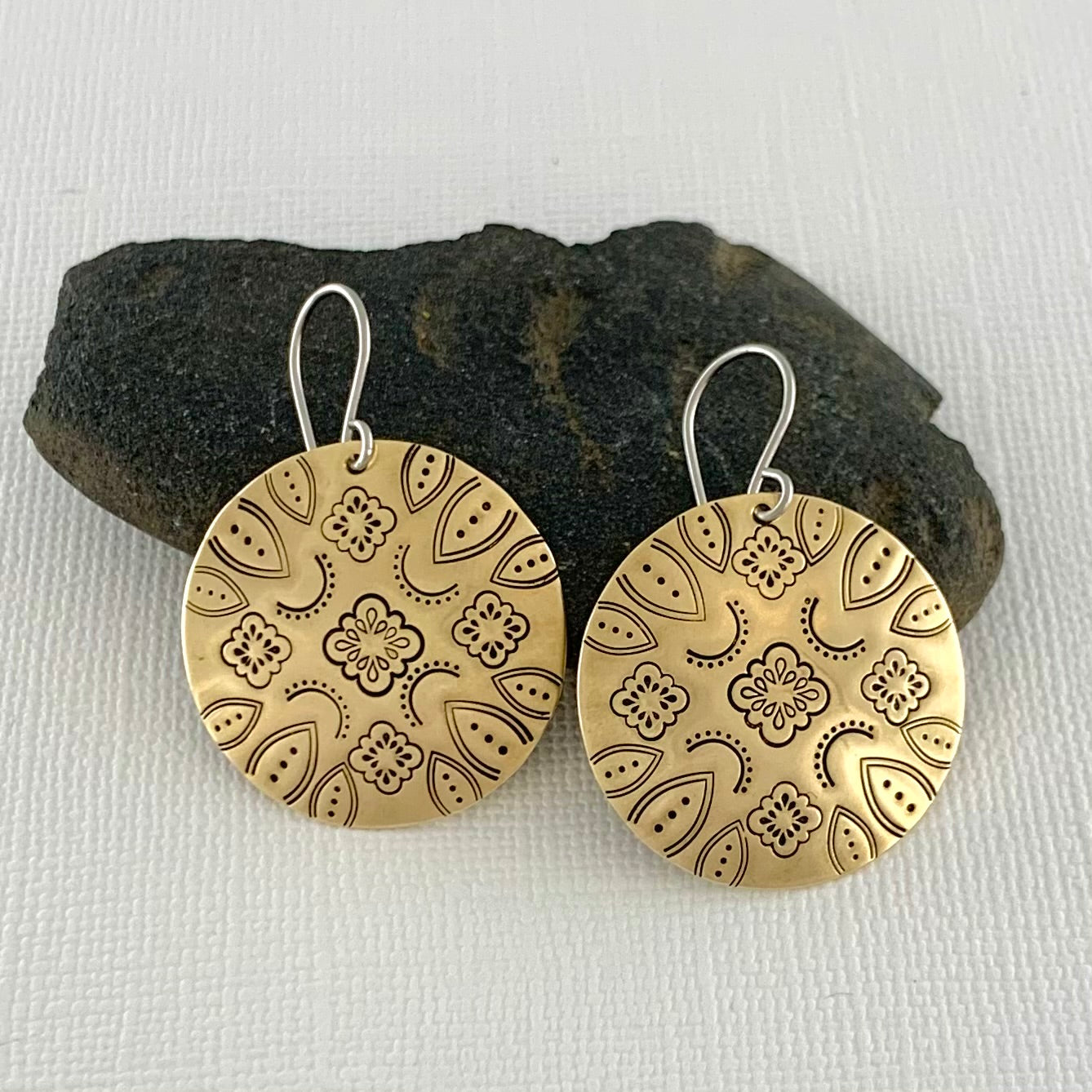 Domed Brass Hand Stamped Mandala Earrings