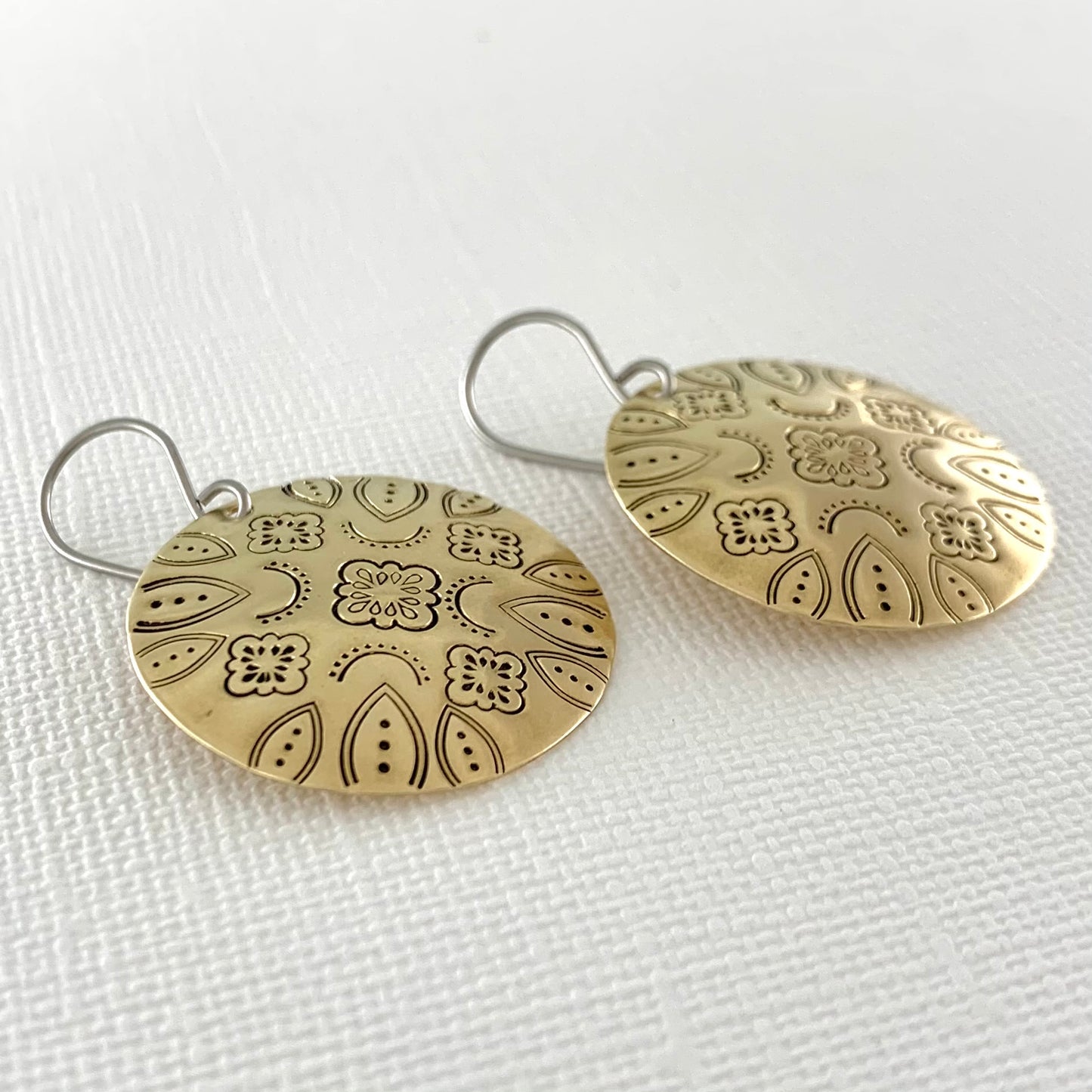 Domed Brass Hand Stamped Mandala Earrings