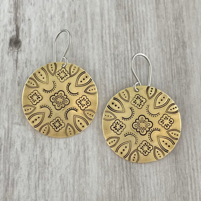 Domed Brass Hand Stamped Mandala Earrings