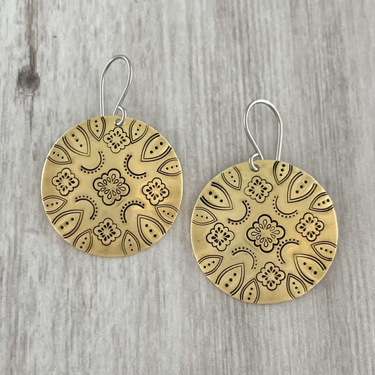 Domed Brass Hand Stamped Mandala Earrings