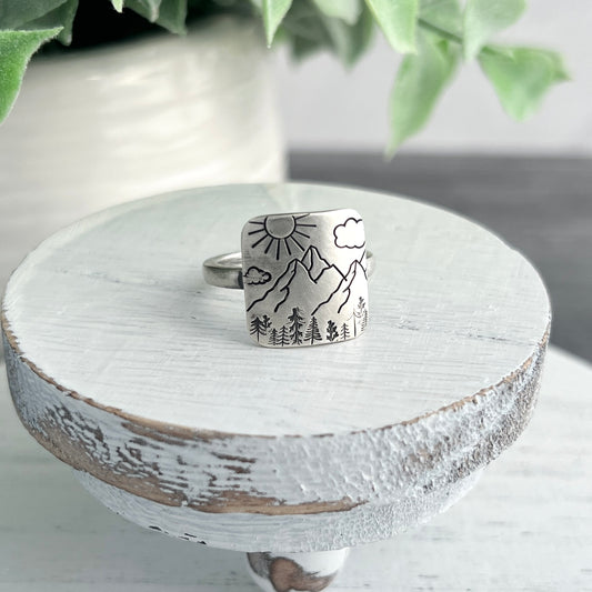 Hand Stamped Mountain Scene Ring