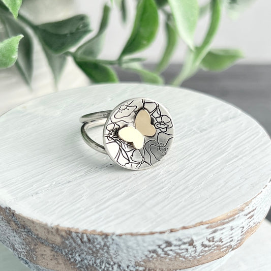 Sterling Silver Hand Stamped Ring with Gold Butterfly