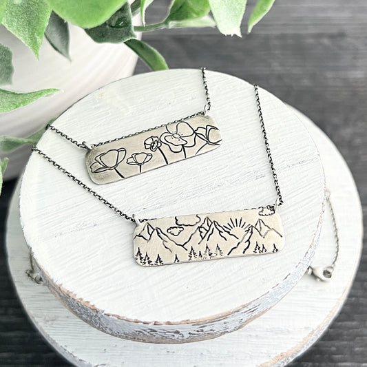 Sterling Silver Hand Stamped Long Bar Necklace