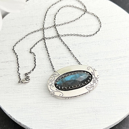 Hand Stamped Sterling Silver Oval Frame Labradorite Necklace