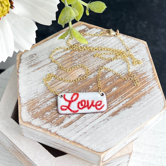 Rectangular Enamel Love Necklace with Gold-filled Chain
