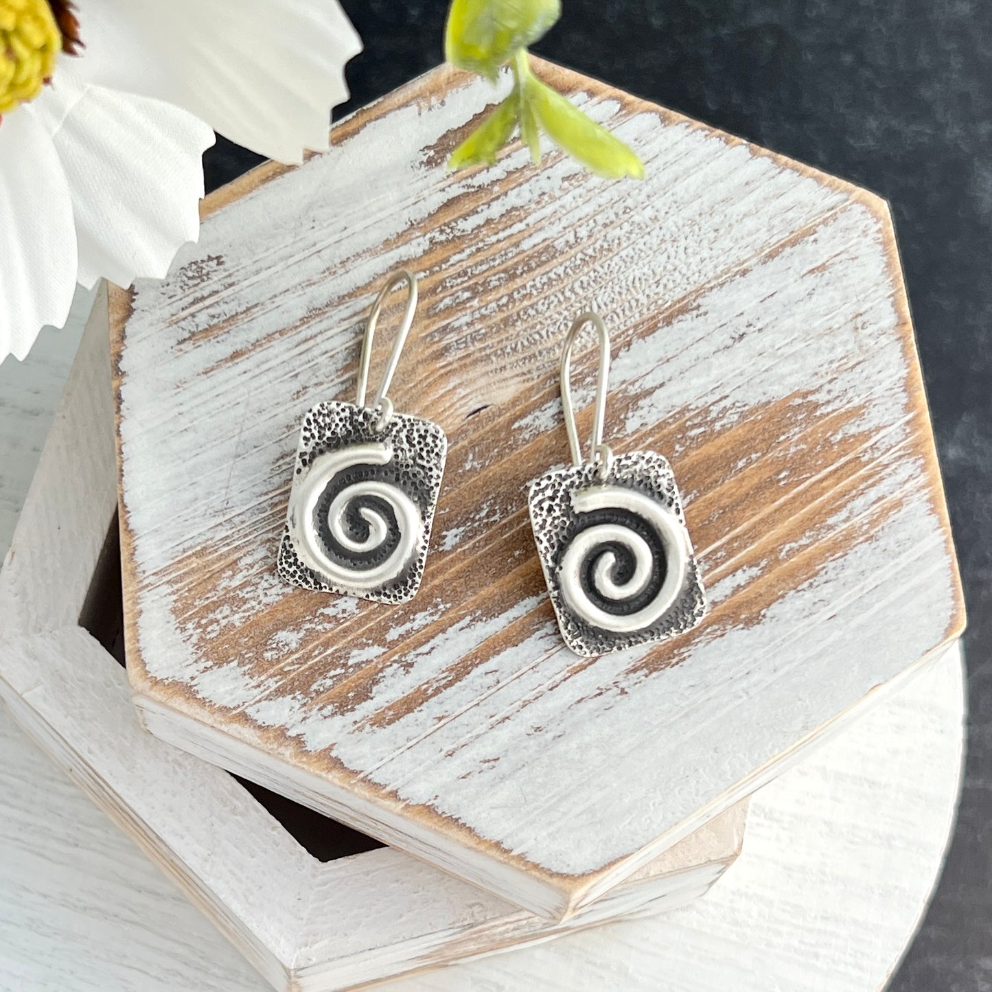 Sterling Silver Textured Rectangle Earrings with Puffy Spirals