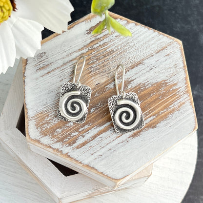 Sterling Silver Textured Rectangle Earrings with Puffy Spirals