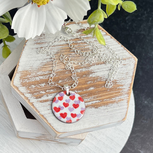 Sterling Silver Enamel Disc Necklace with Stenciled Hearts