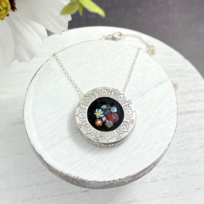 Hand Stamped Sterling Silver Frame Necklace with Floral Enamel Centerpiece
