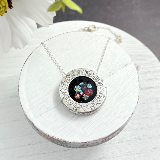 Hand Stamped Sterling Silver Frame Necklace with Floral Enamel Centerpiece