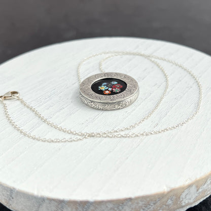 Hand Stamped Sterling Silver Frame Necklace with Floral Enamel Centerpiece