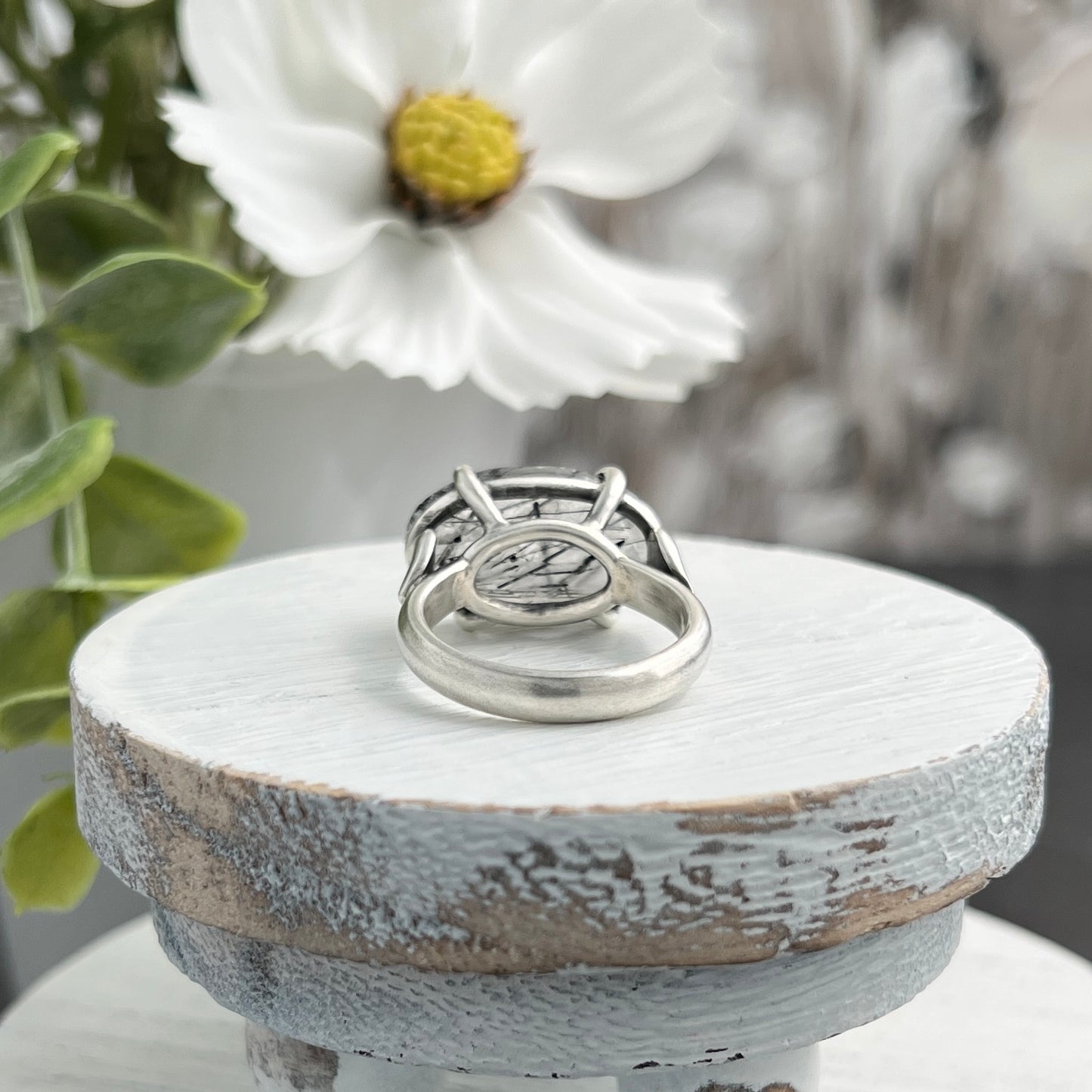 Sterling Silver Oval Saddle Set Black Tourmalinated Quartz Ring