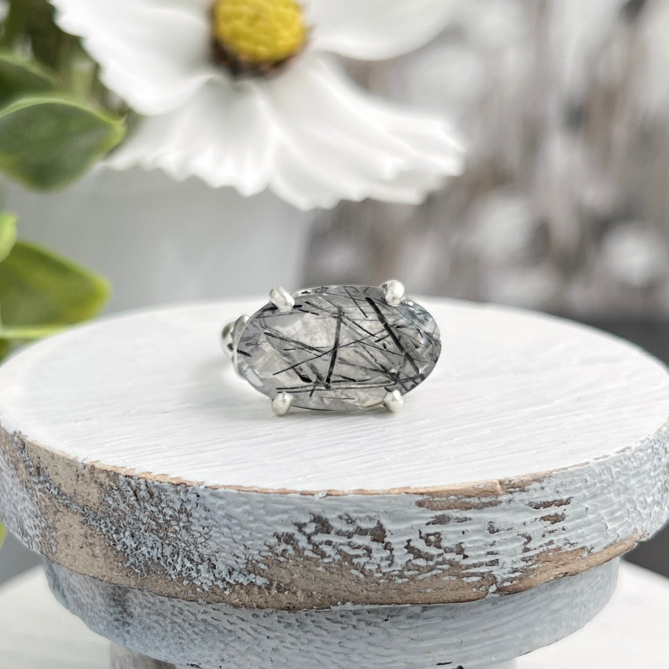 Sterling Silver Oval Saddle Set Black Tourmalinated Quartz Ring