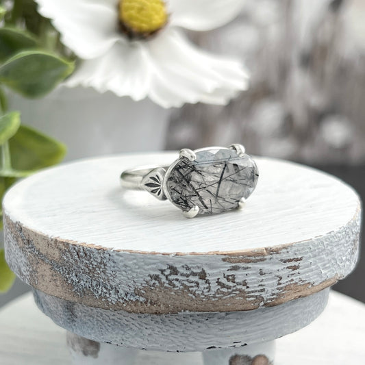 Sterling Silver Oval Saddle Set Black Tourmalinated Quartz Ring